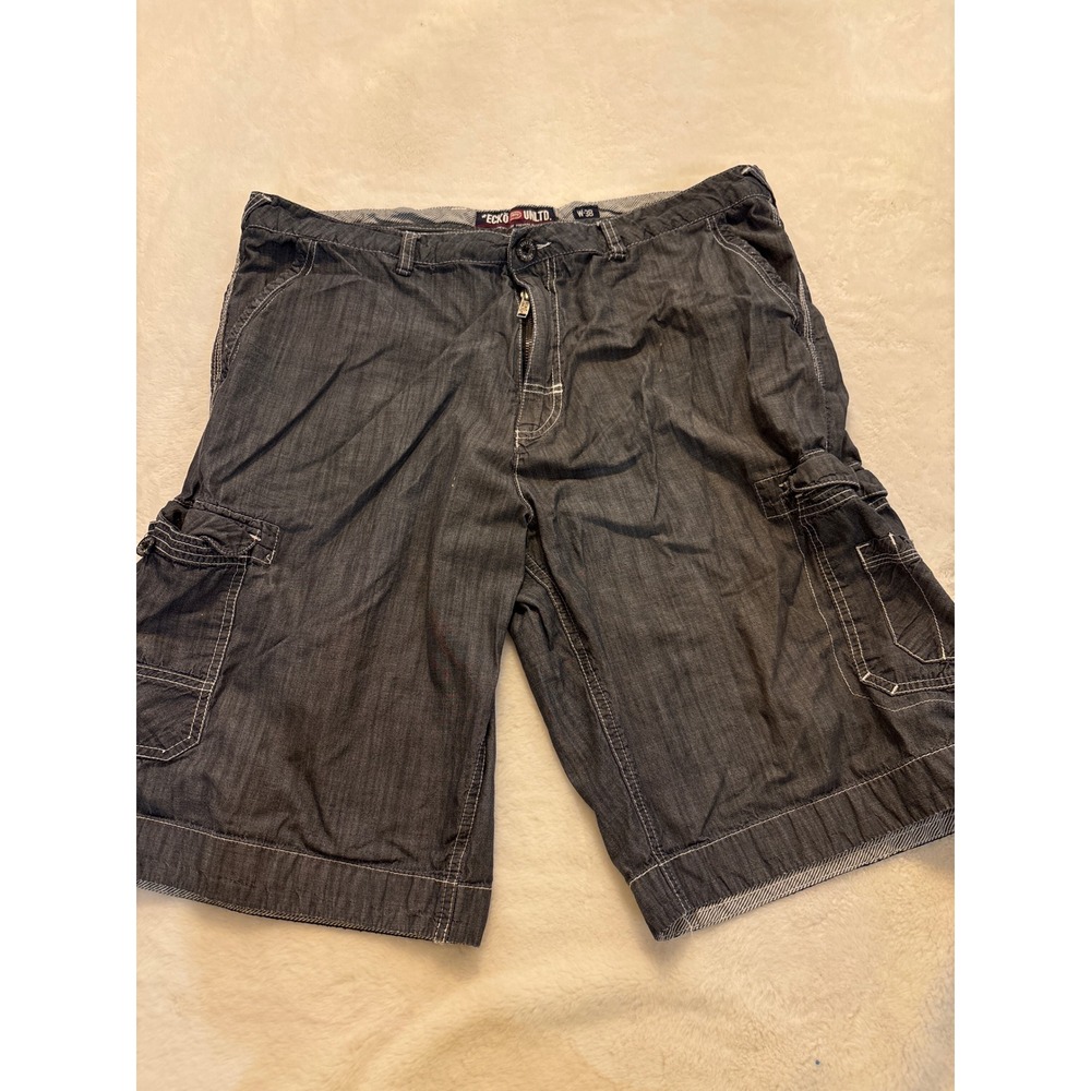 Ecko Unltd Mens Denim Cargo Shorts Dark Wash Contrast Stitch W38 Y2K Streetwear